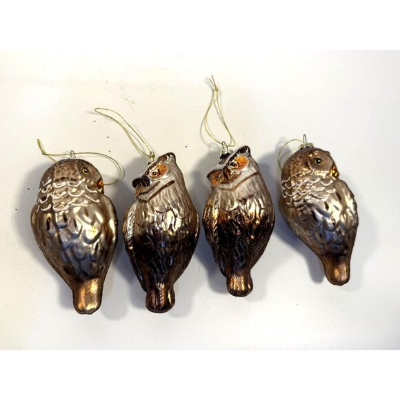 Owl Christmas Tree Ornaments Set 4 Hand Blown Glass Ornaments Woodland Creature - Picture 2 of 15